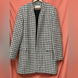 Calvin Klein Women's Houndstooth Pattern Long Collarless Blazer w/Faux Pockets
